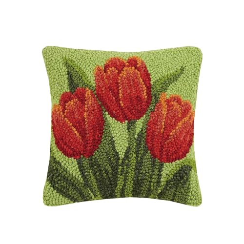 Peking Handicraft 30JES1591C10SQ Red Tulip Hook Pillow, 10-inch Square, Wool and Cotton