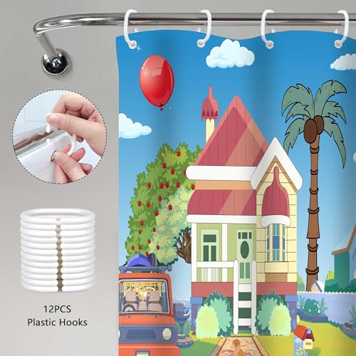 Image of Blue Them Balloon Cartoon House 36x72 Decorative Shower Curtain With Hooks | Bluey Backdrop With Cartoon House Red Balloon Print, Polyester Shower Curtain, With Hooks For Bathroom Decoration
