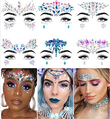 iMethod Face Jewels - Face Gems, Mermaid Face Jewels Stick On, Rave Accessories for Festival Holiday Costumes & Makeup, 6 Pcs