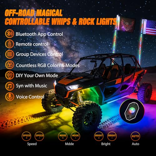 Image of Nilight 2PCS 4FT RGB LED Whip Light with Spring Base and 8 PCS Rock Lights Combo, Remote App Control w /DIY Chasing Patterns Turn Signal Brake Reverse Antenna Lighted Whips for ATV UTV Polaris RZR Jeep