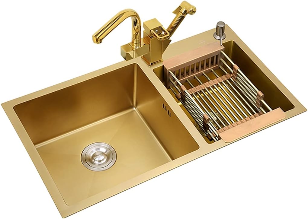 Kitchen Sink. Brushed Gold Double Bowls with Multifunctional Pull-Out Faucet and Drain Pipe Suitable for Kitchen Courtyard Office Bar Laundry Trough (Color : Gold, Size : 80×45×22cm)