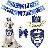 ADOGGYGO Dog Birthday Hat Bandana - Navy Blue Birthday Boy Dog Bandana Pet Party Hat with Numbers Bow and Happy Birthday Banner Set (Large)