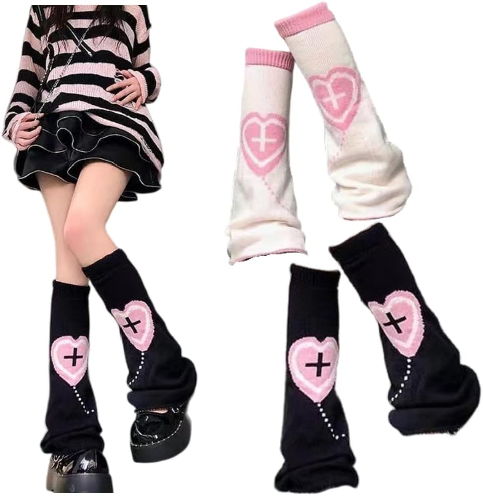 Leg Warmers for Women Kawaii Pink Heart Cross Print Knit Y2K Leg Socks Lolita Warm Harajuku 80s Outfit Punk (2 Pairs)