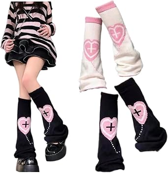 MOFLYS Leg Warmers for Women Kawaii Pink Heart Cross Print Knit Y2K Leg Socks Lolita Warm Harajuku 80s Outfit Punk 2 Pairs
