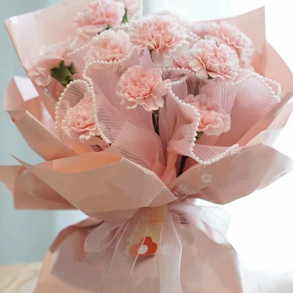 BENECREAT 4 Yards x10.63 Inch Pink Flower Wrapping Paper, Pearl Edge Bouquet Floral Packaging Mesh Paper Wrinkled Wavy Net Yarn for Weddding Favor, Mother's Day Flower Gift Packing