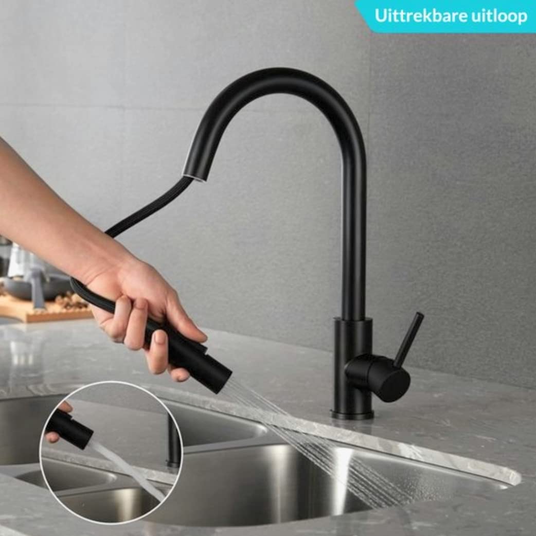 Zwarte keukenkraan met uittrekbare douchekraan keuken 360° draaibare mengkraan voor keuken