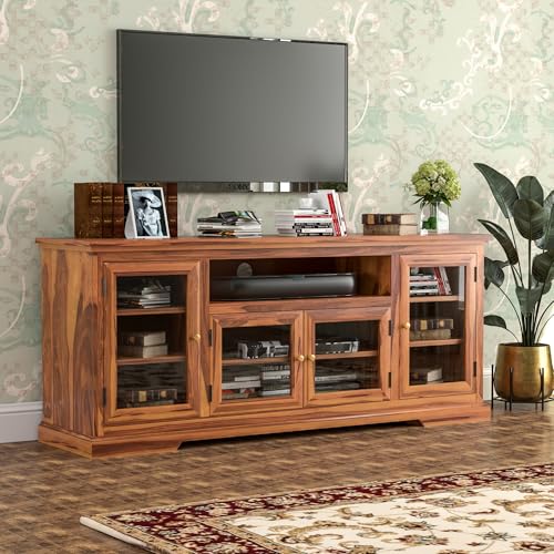 Image of Sheesham Solid Wood TV Cabinet for Living Room | Handcrafted Wooden TV Unit with Storage | Elegant Entertainment Stand for Modern Homes (Glass Tv Cabinet, Honey)