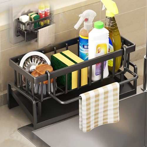 JJIW Sink Caddy, Kitchen Sink Organiser with Hook (Punch-Free Installation), Kitchen Accessories - Stainless Steel Dishcloth Sponge Holder for Kitchen Storage & Organisation(Black)