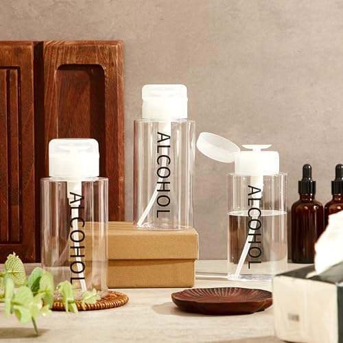 Image of Layhit 6 Pcs 6.7 oz Alcohol Pump Dispenser Bottles Alcohol Push Down Liquid Dispenser Empty Pumping Bottle Refillable Cosmetic Container for Personal, Salon, Nail Care (Clear Cap + Clear Bottle)