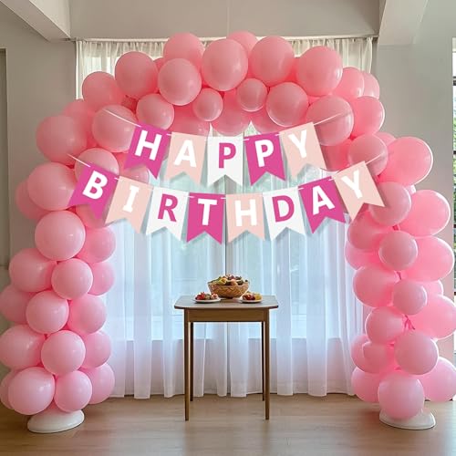 Image of Happy Birthday Banner Sign, Birthday Garland Wall Door Hanging Banners Flag for Women Men Boys Girls Party Backdrop Decorations, Personalized Name Banner White Letters Pink and White