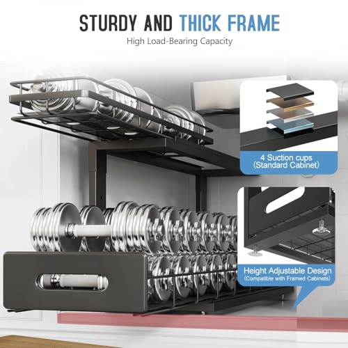 Image of Under Sink Organizer Upgrade To Professional Rails,2-Tier Dual Pull Out Cabinet Storage,Height Adjustable Slide Out Drawers For Bathroom Kitchen,2 Pack-21 inchDx12.8 inch-16.9 inchH,Black