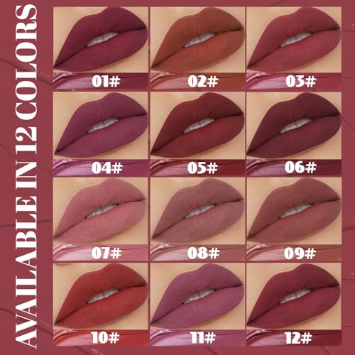 Image of evpct 12Pcs Matte Liquid Lipstick Set, Plum Mauve Maroon Wine Burgundy Red Waterproof Long Lasting Lipstick for Women,Lip Stain Lip Gloss Set Lip kit, 24 Hours Original Smudge Proof labial