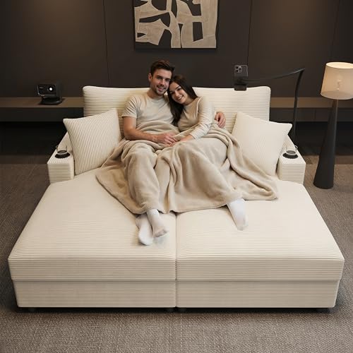 HaoChrymec Sofá Cama de 2 Plazas con Pana, para Salón y Dormitorio, Beige, 163x140x82 cm