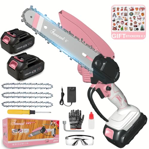 Mini Cordless Electric Chainsaw 6-Inch High Carbon Steel Blade Battery-Powered 21V with Safety Lock Wood Cutting 45-Degree Angle 3.5 lbs (Pink and White Dual-Power Upgrade)
