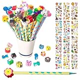 ZOCONE 30 Stück Dreikant Bleistifte Kinder mit 30 PCS Radiergummi Cartoon Kappen Aufkleber, Lustig Mitgebsel Bleistifte Grundschule Schreiblernbleistift 1. Klasse Bleistift Kindergeburtstag Geschenke