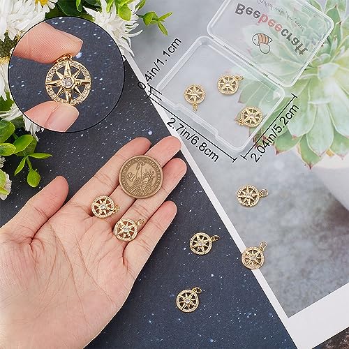 Beebeecraft 1 Box 10Pcs Compass Charms Micro Pave Cubic Zirconia Crystal Stone Golden Flat Round Pendants for DIY Jewelry Making Findings - Image 3