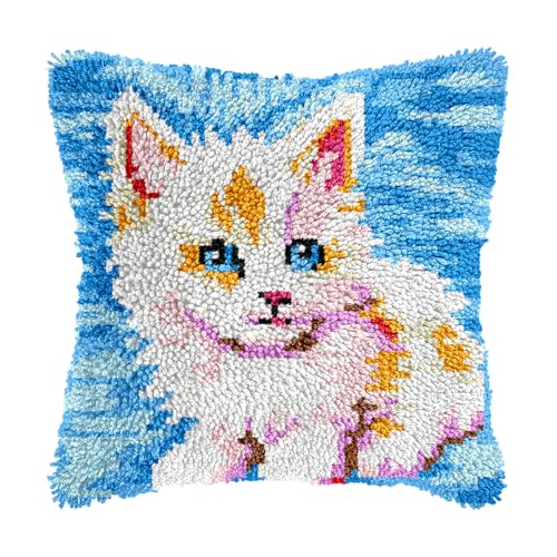 Image of bositigo Cat Latch Hook Pillow Kit for Adults & Kids, DIY Pre-Printed Canvas Craft, 17x17 Inch Decorative Cover for Sofa Cushions, Bedroom Decor (Cat Pattern 40)