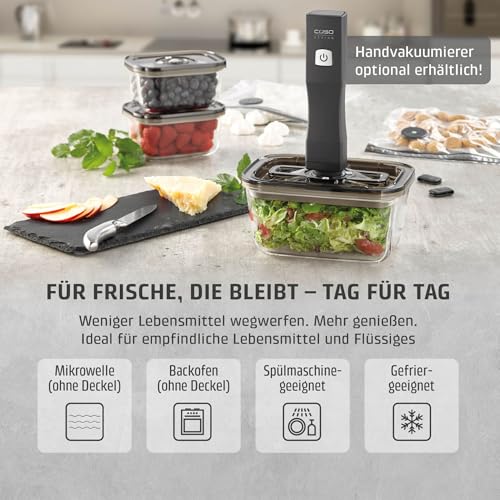 Caso VacuBoxx Eco-Set - 3 Vakuumbehälter aus Borosilikatglas, BPA-Frei, inkl. Vakuumierschlauch & Adapter Vakuumierer/Handpumpe, hitzebeständig, spülmaschinenfest, gefriergeeignet 5