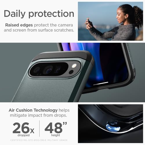 Image of Spigen Tough Armor Back Cover Case for Pixel 9 Pro XL, Dual-Layer Extreme Protection, Integrated Kickstand - Polycarbonate + TPU | Abyss Green