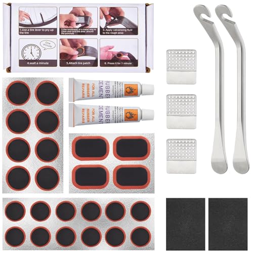 Zacro Bike Puncture Repair Kit - 34 PCS Bike Tyre Puncture Repair Kit with 2 Vulcanizing Fluid 24 Puncture Repair Patches 2 Stainless Steel Levers 3 Metal Rasps for Mountain MTB BMX Ebike Scooter