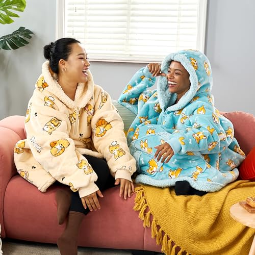 Image of Giggling Getup Wearable Blanket Hoodie for Adults Gifts for Teen Girls Sister Women Sherpa Fleece Printed Hooded Blanket Sweatshirt Warm Cozy with Pocket & Sleeves Blue Corgi