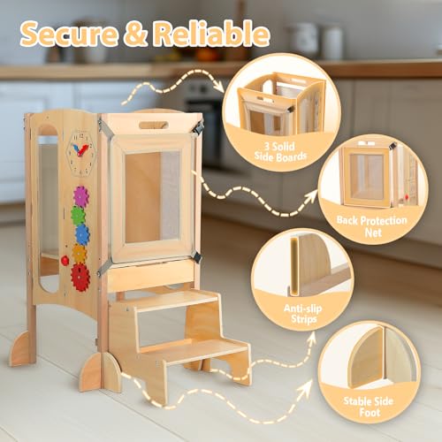 Toddler Tower Foldable Toddler Kitchen Stool Helper with 2 Step Stool, Safety Net, Adjustable Height, Chalk-Whiteboard& Montessori Activity Games - Image 5