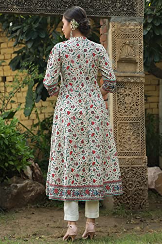 Image of Juniper Beige Floral Printed Pure Cotton Flared Kurta.