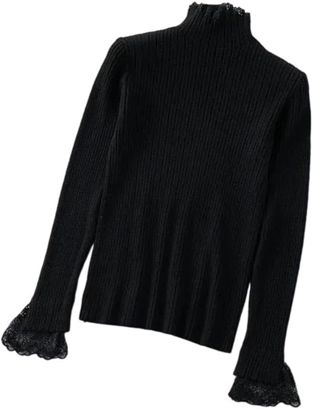 Women Pullovers Knitted Sweater Slim Mock Neck Lace Thick Women Sweaters Slim Fit Jumpers Top