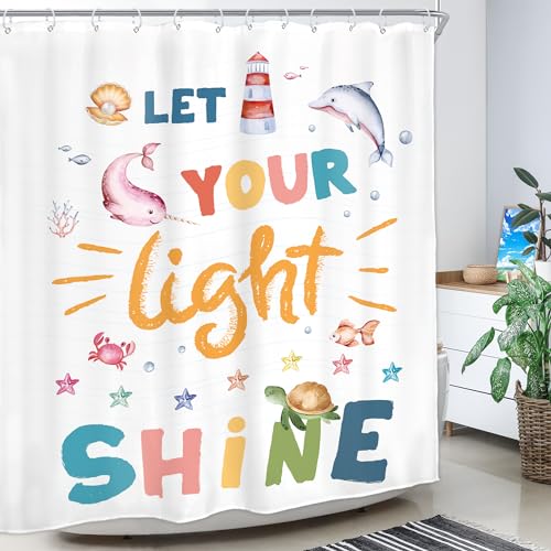Homewelle Kids Quotes Shower Curtain Inspirational Cartoon Ocean Sea Animals Colorful Let You Light Shine Classical 60Wx72H Inch English Letter for Child Waterproof Polyester Fabric Bathroom Bathtub - Image 3