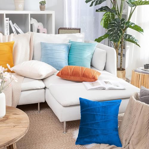 Image of Khooti Velvet Striped Cushion Cover Pack of 1-22 inchX22 inch /55.88X55.88 Cm | Bondi Blue | Soft Pillow Covers Cushion Case for Sofa Bedroom Living Room Chair Car, Cushion Cover with Zig Zag Pattern