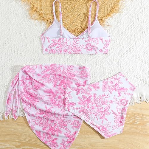 Girls 3 Piece Swimsuit Tropical Bikini Set Floral Print Swimwear with Cover Up Beach Skirt Kids Cute Ruched Bathing Suit3