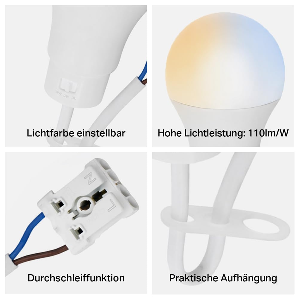 NCC-Licht 10 x lampa LED do renowacji 10 W, CCT regulowana barwa światła, wytrzymała obudowa z żarówką i zaciskiem wtykowym, oświetlenie robocze na strych i piwnicy