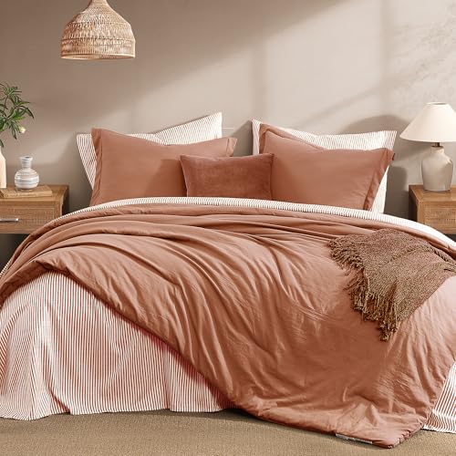 Image of Monbix Full Size Comforter Sets-7 Pieces Soft Bed in a Bag Full Bedding Set | All SeasonAutumn Leaf Prewashed Comforter Bed Set with Striped Sheets, Pillowcases & Shams