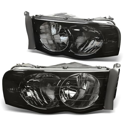 DNA MOTORING Pair Headlights Compatible with 02-05 Dodge Ram 1500 2500 3500 Left & Right Smoke Lens Clear Corner HL-OH-DR02-SM-CL1