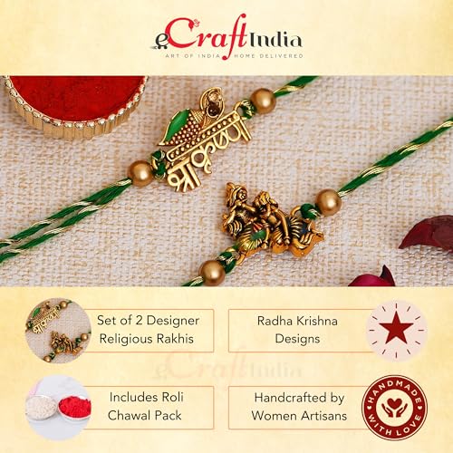 Image of eCraftIndia Set of 2 Green & Golden Shri Krishna and Radha Krishna Playing Flute Designer Religious Rakhis, Best Bro Ever Fridge Magnet with Roli Chawal Pack - Rakhi for Brother, Bhaiya, Bhai