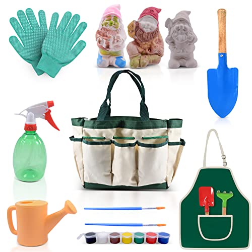 i&k Gardening Tools Set 8 PCS Kids Garden Tool Toys with a DIY Garden Gnomes, Green and Offwhite