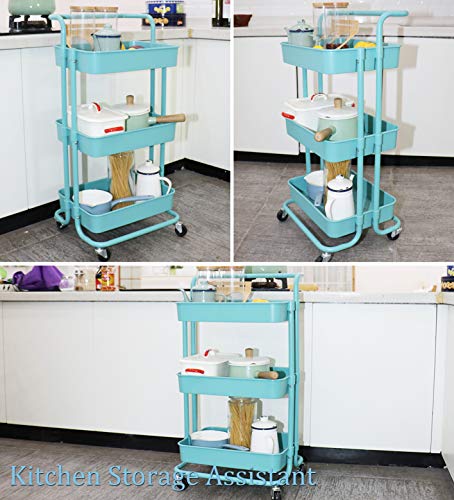 Piowio 3 Tier Utility Rolling Cart Multifunction Organizer Shelf Storage Cart With 3 Piece Cups And 8 Piece Hooks For Home Kitchen Bathroom Laundry Room Office Store Etc. (Blue) #TOP3