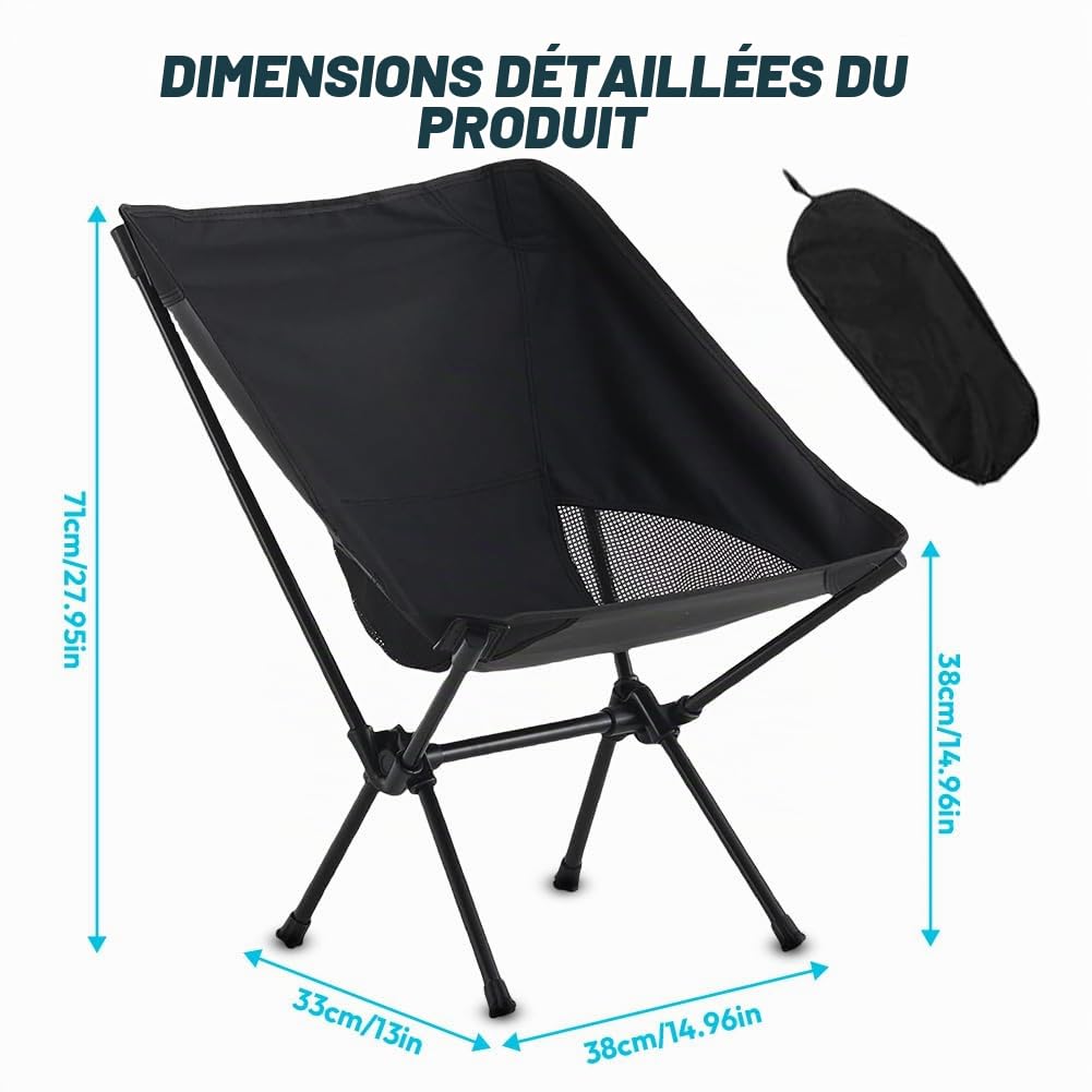 Chaise de camping pliable extra large avec sac de transport pour adultes, chaise pliante d'extérieur pour camping, randonnée, pique-nique, pêche, randonnée et plus encore (noir)