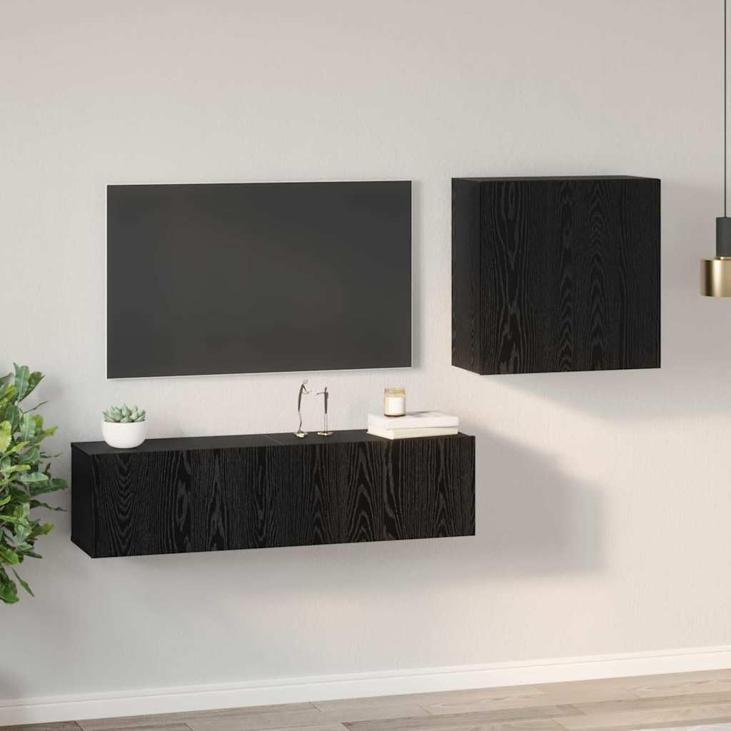 Zestaw szafek pod telewizor, montowana na ścianie, kolor czarny, imitacja dębu, materiał drewnopochodny, 120 x 30 x 30 cm, z 2 drzwiami, 4 półki, do salonu, kina domowego, gier