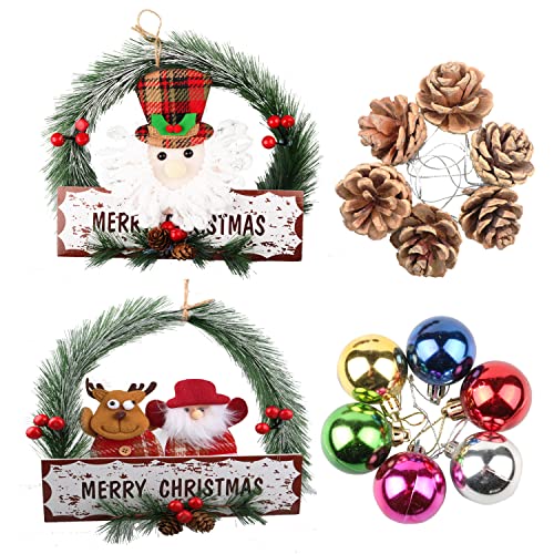 2 Piezas de Coronas de Pino Navideño Para Puerta de Entrada, Decoración Navideña Para el Hogar, Interior, con Adornos Mixtos, Corona Navideña con Conos de Pino, Frutos Rojos y Copo de Nieve Cover