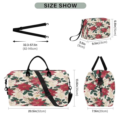 Weekender Bags Travel Duffel Gym Bag Poinsettias Holly Leaves Pattern Carry on Overnight Tote Bag with Toiletry Bag for Airplane Travel Trip Gym Yoga3
