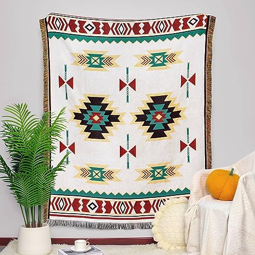 ANAZOZ Funda de Sofás de Una Plaza,Fundas Sofa Mantas Blanco Fundas Cubre Sofa 160x130CM Funda Sofá de Poliéster Algodón Patrón de Geométrico con Borlas
