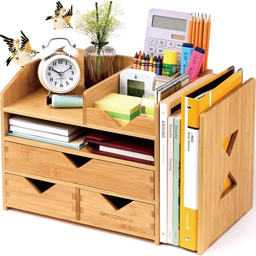 Pandorama Bamboo Desk Organizer Large - A4 Drawers & Adjustable File Holder, Fully Assembled Wood Desktop Storage for Kitchen, Bedroom, Bathroom, Study Room