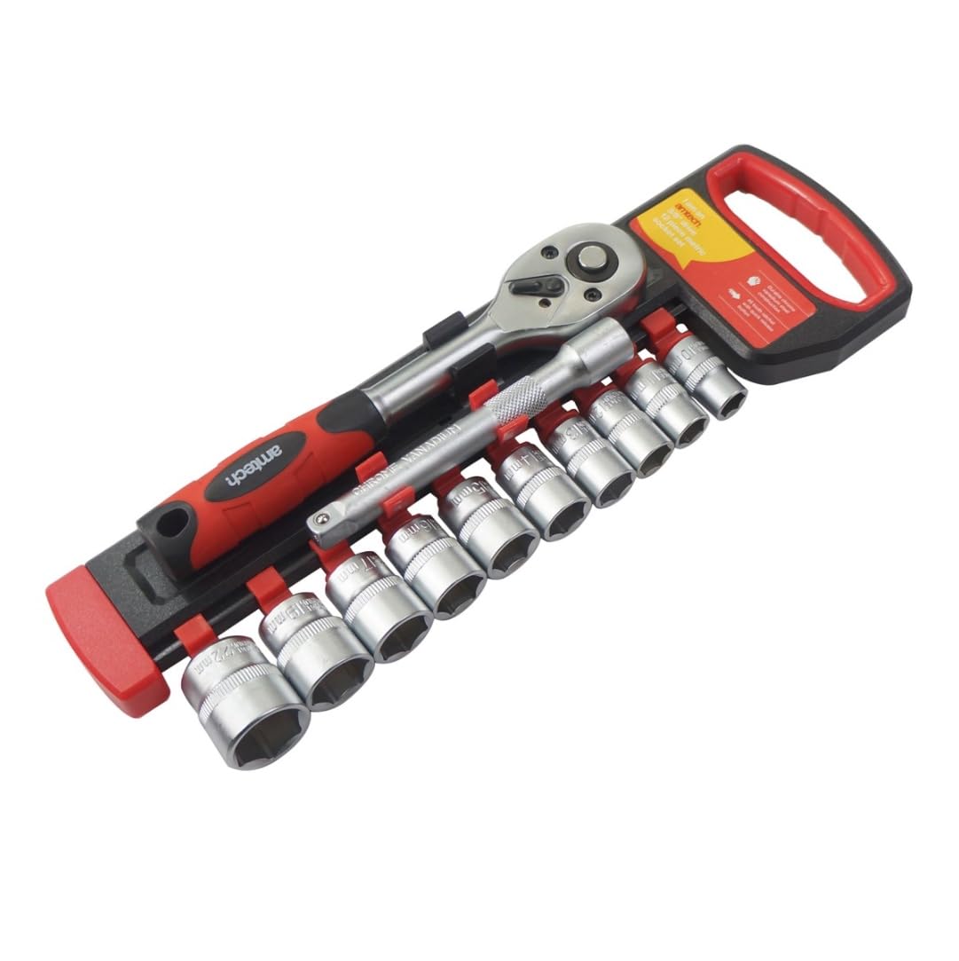 Amtech I0361 Socket Set 3/8”, 12pc Chrome Vanadium Steel Metric Wrench Kit, 45 Tooth Ratchet Pack with Quick Release