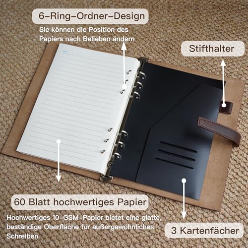 Nachfüllbares A5-Leder-Notizbuch, wiederverwendbares Leder-Tagebuch, Vintage-Organizer mit 6-Ring-Metallbinder, 120 Seiten, liniertes Papier und Tasche, für Schriftsteller, Geschäft, Arbeit, Studium