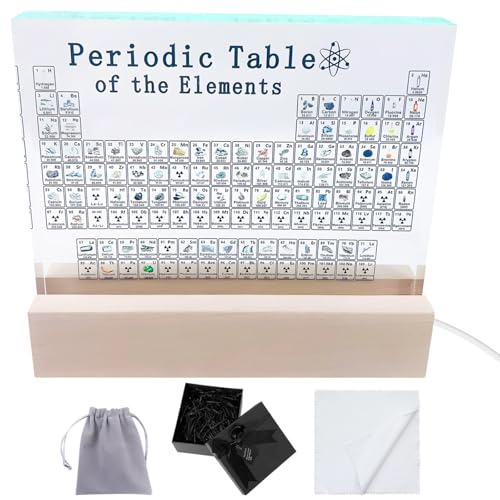 Packool Periodic Table Display Includes 83 Real Element Samples Acrylic Crystal Block 7-Color & 4 Modes LED Light Base Study Desk Decor