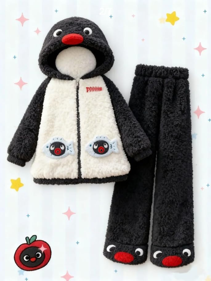 [FMnvGsd] ピングー パジャマ 着ぐるみ 子供・大人用 フード付き 2点セット かわいい ルームウェア 冬 部屋着 ハロウィ