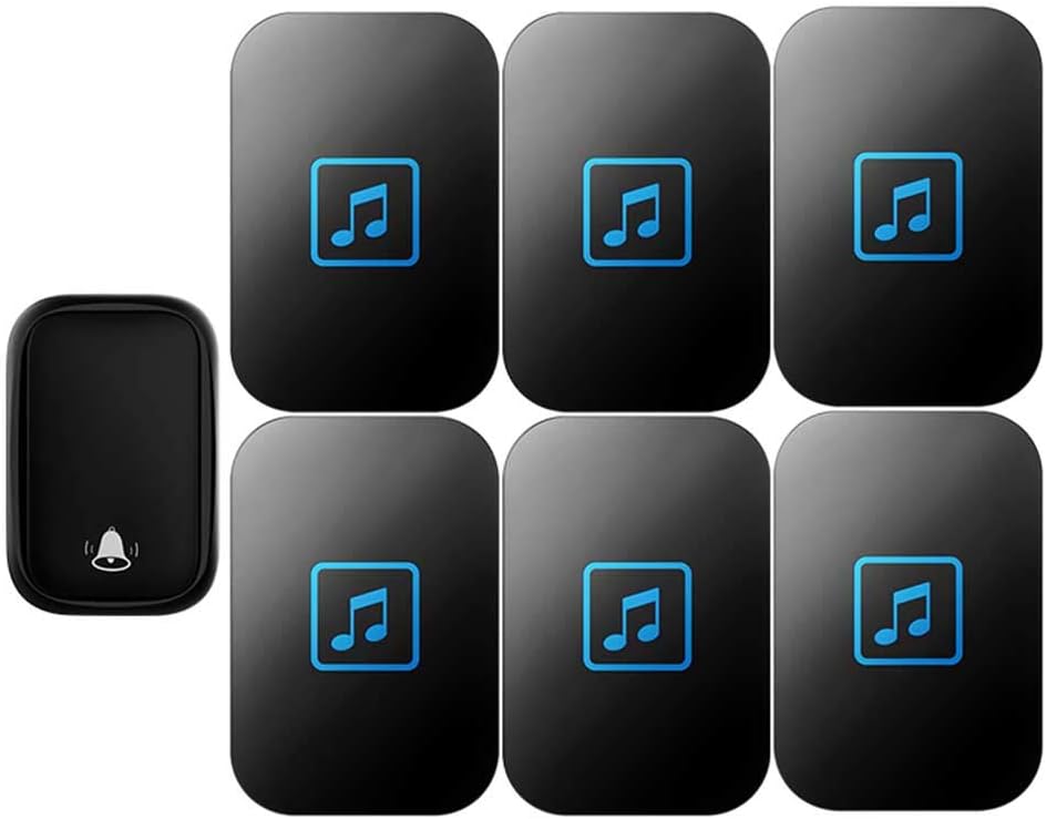 Wireless Doorbell Waterproof, 1 Transmitter 6 Receivers Self-Powered Doorbell, Led Blue Light Flashing Reminder, 5 Volume Levels/60 Ringtones/150M Transmission Distance,White,Bla,Black