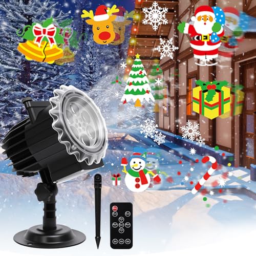 Projecteur Noël Extérieur, LED Décoration Noël, 12 Films 96 Motifs, Étanche IP65, Lumière de Projection Intérieure avec Télécommande pour Thanksgiving, Noël, Nouvel An, Anniversaire