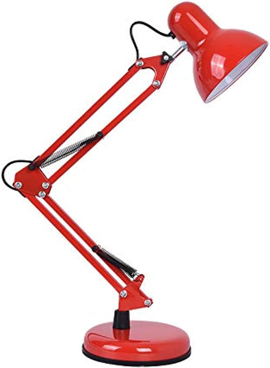 KH Metal Swing Arm Desk Lamp, Interchangeable Base Or Clamp, Classic Architect Clip On Study Table Lamp, Multi-Joint, Adjustable Arm, (RED)